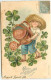 Carte Gaufrée - Heureuse Année - Enfant Arrosant Des Trèfles - New Year