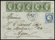 Lettre N°19 1c Vert-olive En Bande De Cinq (variété Cadre Doublé à Droite Sur L'ex. De Droite) (2ex. Pd) +n°37 (pli) Obl - 1862 Napoleon III