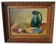 Tableau Ancien Peinture à L'huile Sur Toile Signé L. Gisquet Nature Morte Carafe Verre Paquet De Cigarettes Cendrier - Oils