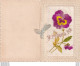 A12- CARTE BRODEE A 2 VOLETS  " JE PENSE A TOI " -  FLEUR  PENSÉE -  AVEC JOYEUSES PAQUES - ( 2 SCANS ) - Embroidered