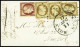 Lettre N°6 + 9 (x3) Obl. Gros Points Sur Petite Enveloppe De Paris Pour New-York, Càd D'arrivée Aux Etats-Unis, TB. Cert - 1849-1850 Ceres