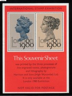 GB GREAT BRITAIN INTERNATIONAL STAMP PHILATELIC EXHIBITION EXPO LONDON 1980 MACHIN HEADS MS SOUVENIR SHEET - Cinderelas