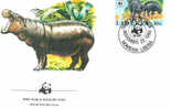 MAMMIFERES HIPPOPOTAME PYGMES ET GEANTS ENVELOPPE PREMIER JOUR WWF LIBERIA 1984 - Rhinozerosse