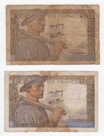 2 Billets .10 FRANCS MINEUR - 1942 (H.15=10=1942.H). (C.11=6=1942.C.) - 10 F 1941-1949 ''Mineur''