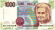 Billets - ITALIE, 1000 Lires M. MONTESSORI NA 219124M, Circulé, Très Bon état Général. - 1000 Lire