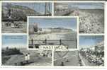 Hastings. Beach From Pier. East Hill Lifts & Net Huts. Sun Terrace. Castle & Front From West Hill. Promenade & Beach. - Hastings