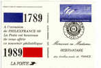 ENTIER POSTAL1989 OFFERT PAR LA POSTE A SES RESERVATAIRES PHILEXFRANCE 1789/1989  BICENTENAIRE REVOLUTION FRANCAISE LIBE - Official Stationery