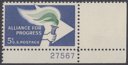 !a! USA Sc# 1234 MNH SINGLE From Lower Right Corner W/ Plate-# 27567 - Alliance For Progress - Ungebraucht