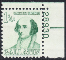 !a! USA Sc# 1279 MNH SINGLE From Upper Right Corner W/ Plate-# 28930 - Prominent Americans: Albert Gallatin - Nuevos