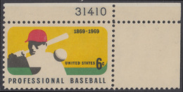 !a! USA Sc# 1381 MNH SINGLE From Upper Right Corner W/ Plate-# 31410 (Gum Damaged) - Professional Baseball; 100th Anniv. - Nuevos