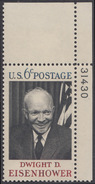 !a! USA Sc# 1383 MNH SINGLE From Upper Right Corner W/ Plate-# 31430 (Gum Slightly Damaged) - Dwight D. Eisenhower - Unused Stamps