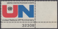 !a! USA Sc# 1419 MNH SINGLE From Lower Right Corner W/ Plate-# 32308 - The United Nations; 25th Anniv. - Nuovi