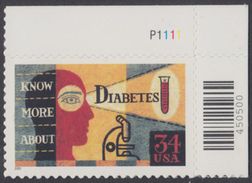 !a! USA Sc# 3503 MNH SINGLE From Upper Right Corner W/ Plate-# (UR/P1111) - Diabetes Awareness - Nuovi