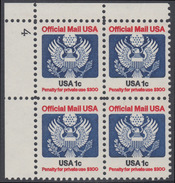 !a! USA Sc# O127 MNH PLATEBLOCK (UL/4) - Great Seal - Oficial