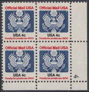 !a! USA Sc# O128 MNH PLATEBLOCK (LR/4) - Great Seal - Dienstmarken