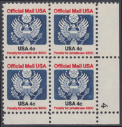 !a! USA Sc# O128 MNH PLATEBLOCK (LR/4) - Great Seal - Officials