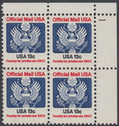 !a! USA Sc# O129 MNH PLATEBLOCK (UR/1) - Great Seal - Dienstzegels