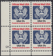 !a! USA Sc# O130 MNH PLATEBLOCK (LL/5) - Great Seal - Dienstmarken