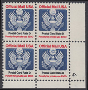 !a! USA Sc# O138 MNH PLATEBLOCK (LR/4) - Great Seal - Dienstzegels