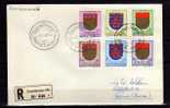 1959, Caritas Sur Lettre Recommandé, (cachet 1er Jour),  Blasons : Clervaux, Remich, Wiltz - Storia Postale