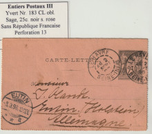 France Entier Postal Yvert No. 97-CL Type Sage 25c. Sans République Francaise. Perforation 13, Obl Le Havre Pour Eutin - Kaartbrieven