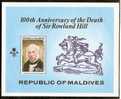 MALDIVE IS 1979 FAMOUS PEOPLE, ROLAND HILL, STAMP ON STAMP, MAIL HORSE RIDER MNH ** S/s # 7895 - Rowland Hill