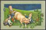 Three Boys With Pig - Embossed - New Year - Schweine