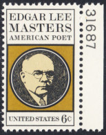 !a! USA Sc# 1405 MNH BLOCK W/ Right Margins & Plate-# (UL/31687) - Edgar Lee Masters - Neufs