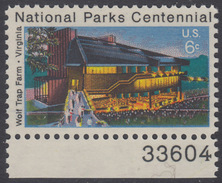 !a! USA Sc# 1452 MNH SINGLE W/ Bottom Margins & Plate-# 33604 - Wolf Trap Farm - Unused Stamps