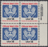 !a! USA Sc# O129A MNH BLOCK W/ Right Margins & Copyright Symbol - Great Seal - Officials