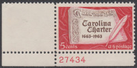 !a! USA Sc# 1230 MNH SINGLE From Lower Left Corner W/ Plate-# 27434 - Carolina Charter - Ungebraucht