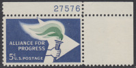 !a! USA Sc# 1234 MNH SINGLE From Upper Right Corner W/ Plate-# 27576 - Alliance For Progress - Ungebraucht