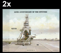 Bulk:2 X  NEVIS 1985, Spitfire Airplanes Warship Navy Naval $6, IMPERF Sheetlet [non Dentelé,Geschnitten,no Dentado] - St.Kitts Y Nevis ( 1983-...)