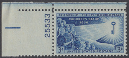!a! USA Sc# 1085 MNH SINGLE From Upper Left Corner W/ Plate-# 25533 - Children's Issue - Neufs