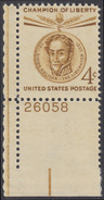 !a! USA Sc# 1110 MNH SINGLE From Lower Left Corner W/ Plate-# 26058 - Champion Of Liberty: Simon Bolivar - Unused Stamps