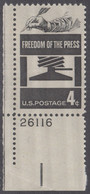 !a! USA Sc# 1119 MNH SINGLE From Lower Left Corner W/ Plate-# 26116 - Freedom Of The Press - Nuevos