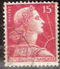 Timbre France Y&T N°1011 (01) Obl.  Marianne De Muller.  15 F. Rose Carminé. Cote 0,15 € - 1955-1961 Marianne Of Muller