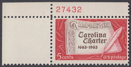 !a! USA Sc# 1230 MLH SINGLE From Upper Left Corner W/ Plate-# 27432 - Carolina Charter - Nuovi