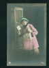 D2663 / Christmas WOMAN CALENDAR Animal PIG Photo Pc Publisher: GPO Series - # 6679/80-3  - 1910s - Cochons