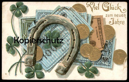 ALTE PRÄGE POSTKARTE NEUJAHR GELDSCHEIN MÜNZEN HUFEISEN KLEEBLATT Geld Billet Money Coin Coins Billettes Cpa Postcard AK - Münzen (Abb.)