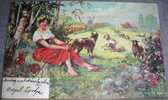 Shepherdess,Girl,Sheeps,Dog,Field,Windmill,vintage  Postcard - Bauernhöfe