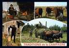 15, Traditions De La Campagne, CPSM Toilée, Veillée Au Cantou, Traite Au Parc, Bucheron, Fenaison, éd BOS, Circulé 1990 - Wagengespanne