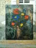 BOUQUET DE FLEURS . HUILE SUR AGGLO .COLLAGES ET GRATTAGES . AU DOS PERSONNAGE ALLONG SIGNE - Oils