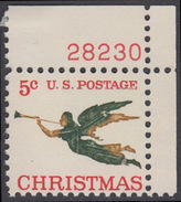 !a! USA Sc# 1276 MLH SINGLE From Upper Right Corner W/ Plate-# 28230 - Christmas: Angel With Trumpet - Nuovi