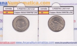 FRANCO ESTADO ESPAÑOL  5  PESETAS 1957 # 67 Km#786  Cu-Ni SC/UNC       T-DL-2015 - 5 Pesetas