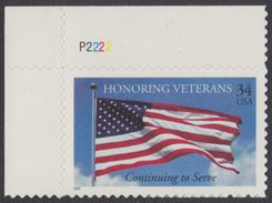 !a! USA Sc# 3508 MNH SINGLE From Upper Left Corner W/ Plate-# (UL/P2222) - Honoring Veterans - Neufs