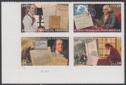 !a! USA Sc# 4021-4024 MNH PLATEBLOCK (LL/V1111) - Benjamin Franklin - Ongebruikt