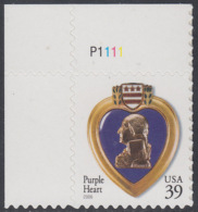 !a! USA Sc# 4032 MNH SINGLE From Upper Left Corner W/ Plate-# (UL/P1111) - Purple Heart - Ongebruikt