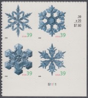 !a! USA Sc# 4101-4104 MNH PLATEBLOCK (LR/S1111/a) - Snowflakes - Unused Stamps