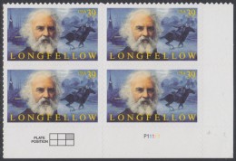 !a! USA Sc# 4124 MNH PLATEBLOCK (LR/P11111/a) - Longfellow - Ongebruikt